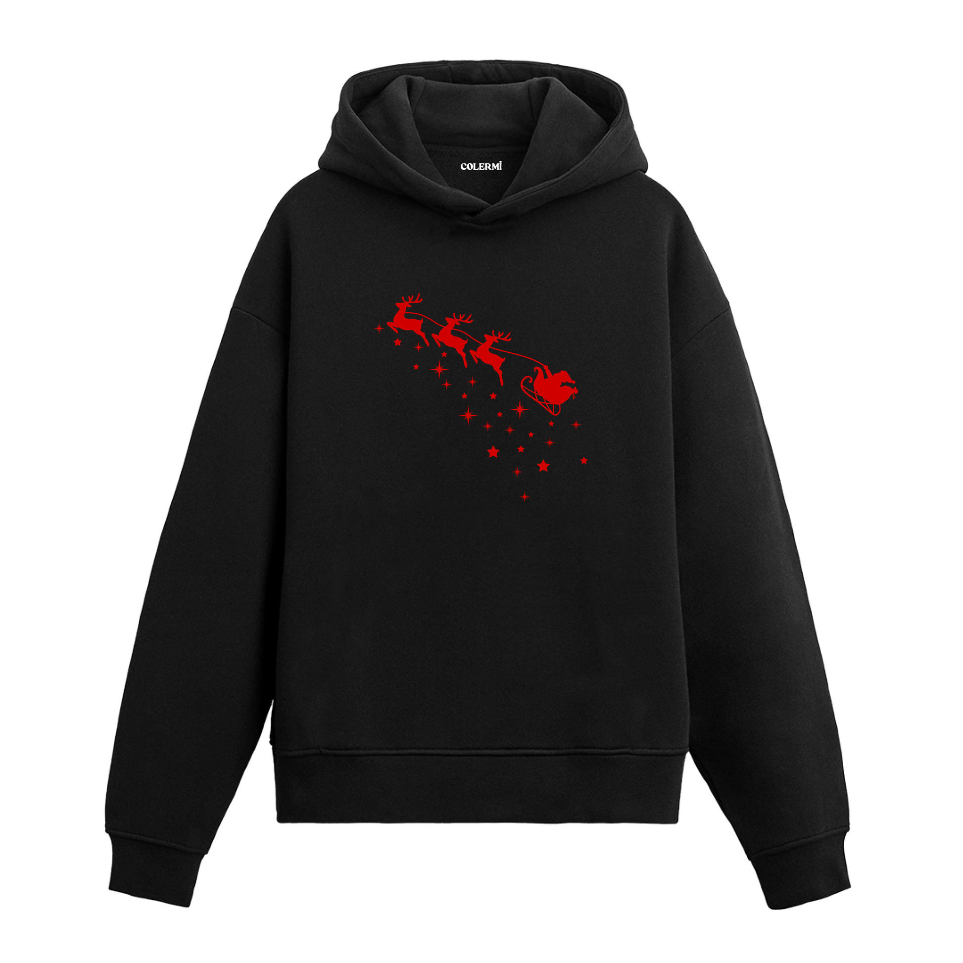 Siyah hoodie, kırmızı geyik ve Noel Baba kızağı yıldızlı baskı, pamuklu unisex hoodie