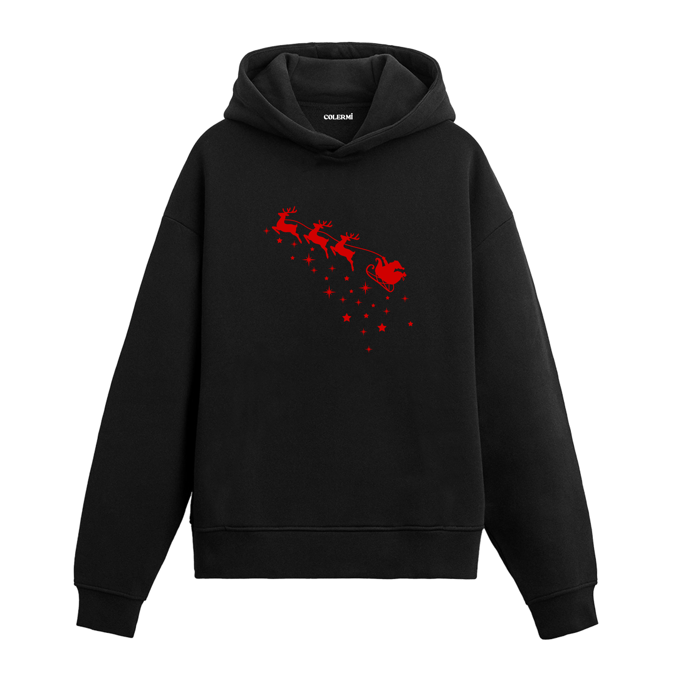 Siyah hoodie, kırmızı geyik ve Noel Baba kızağı yıldızlı baskı, pamuklu unisex hoodie