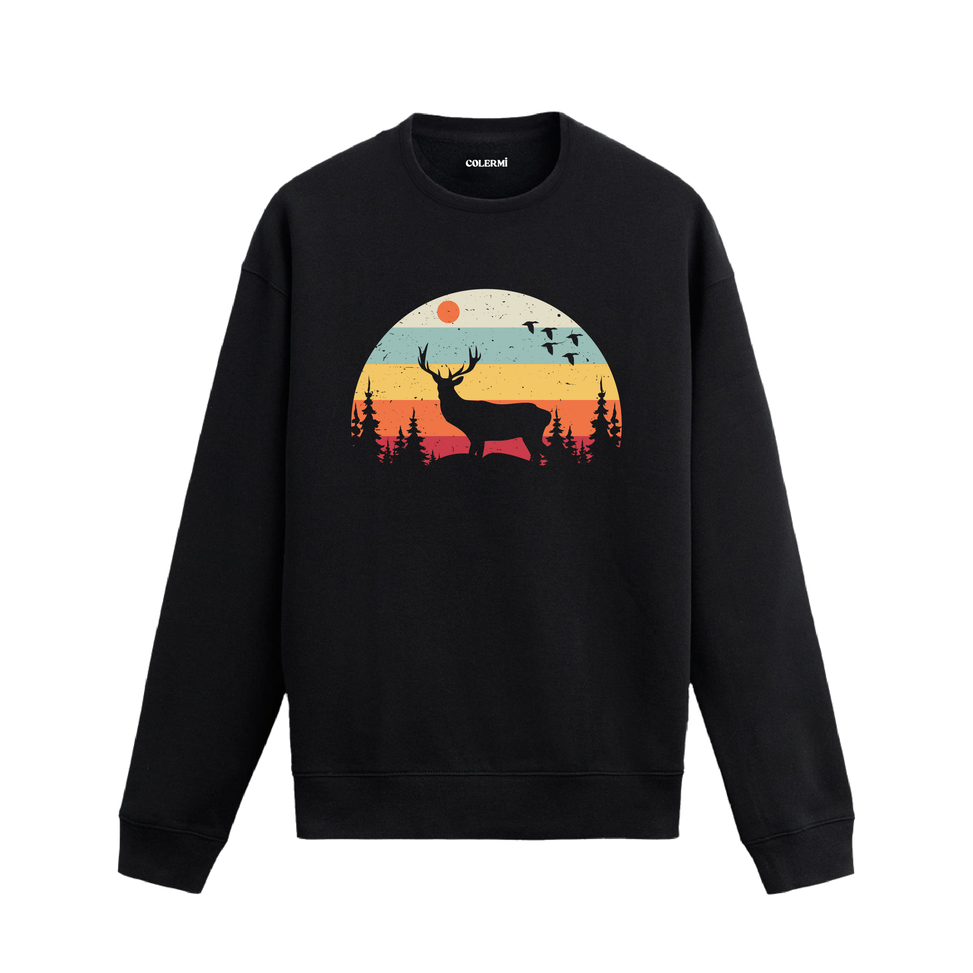 Siyah sweatshirt üzerinde retro orman manzarası ve geyik baskısı