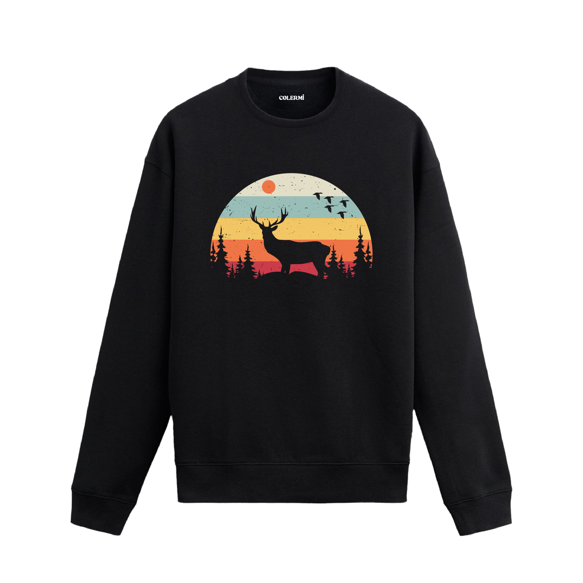 Siyah sweatshirt üzerinde retro orman manzarası ve geyik baskısı