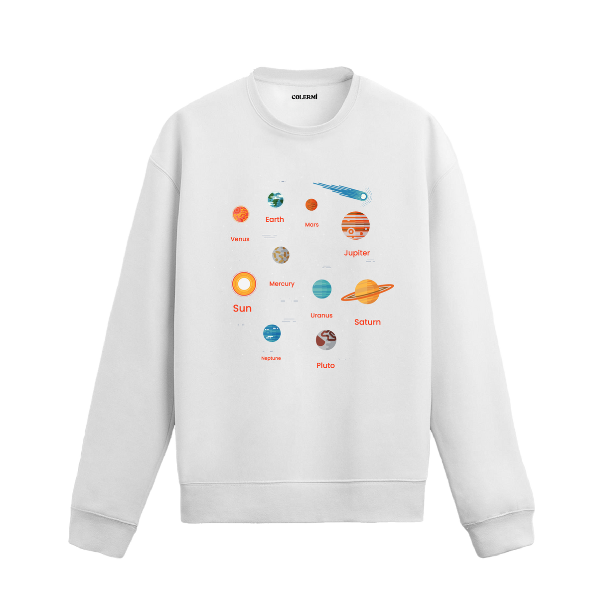 Güneş Sistemi gezegenleri ve isimleriyle tasarlanmış Beyaz sweatshirt.