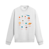 Güneş Sistemi gezegenleri ve isimleriyle tasarlanmış Beyaz sweatshirt.
