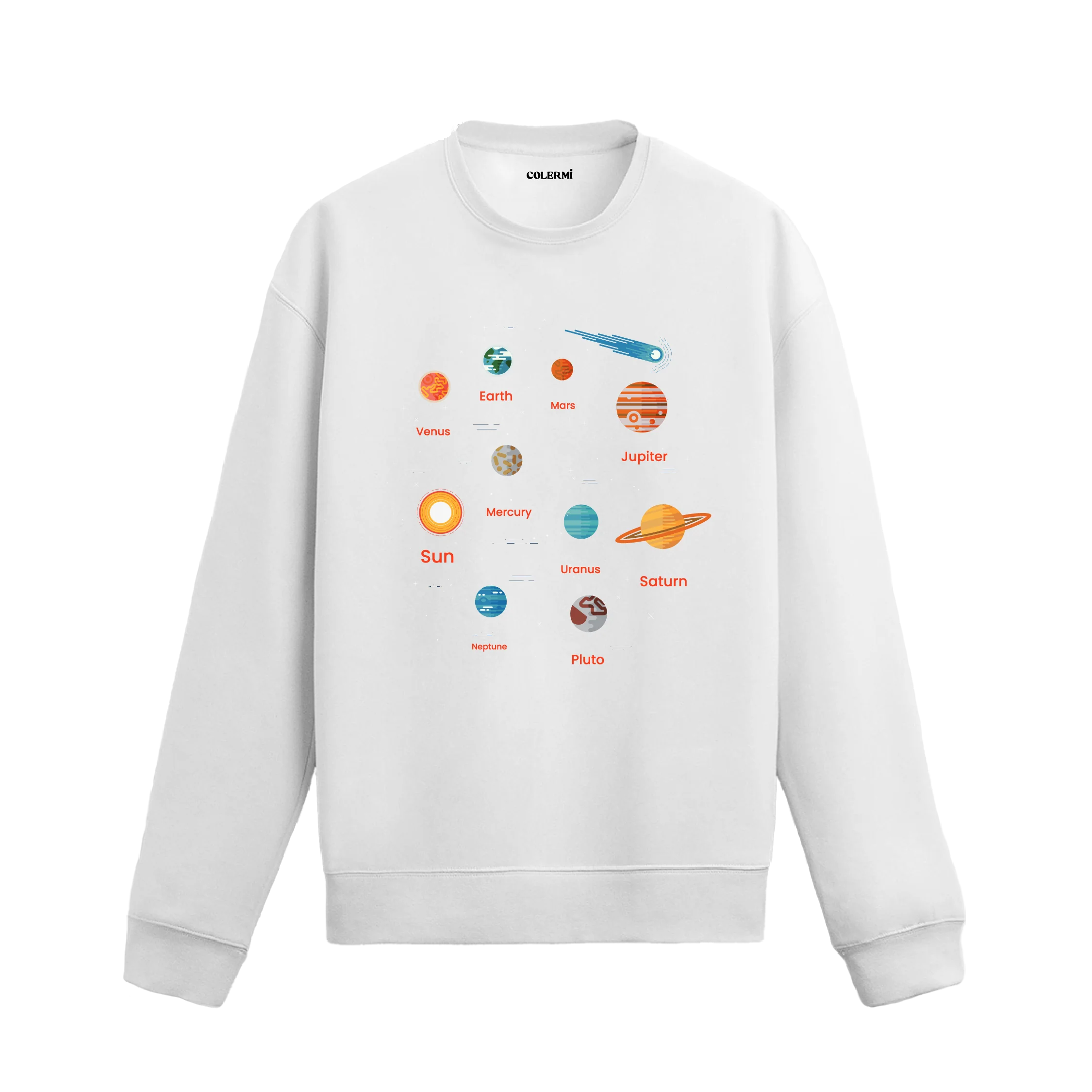 Güneş Sistemi gezegenleri ve isimleriyle tasarlanmış Beyaz sweatshirt.