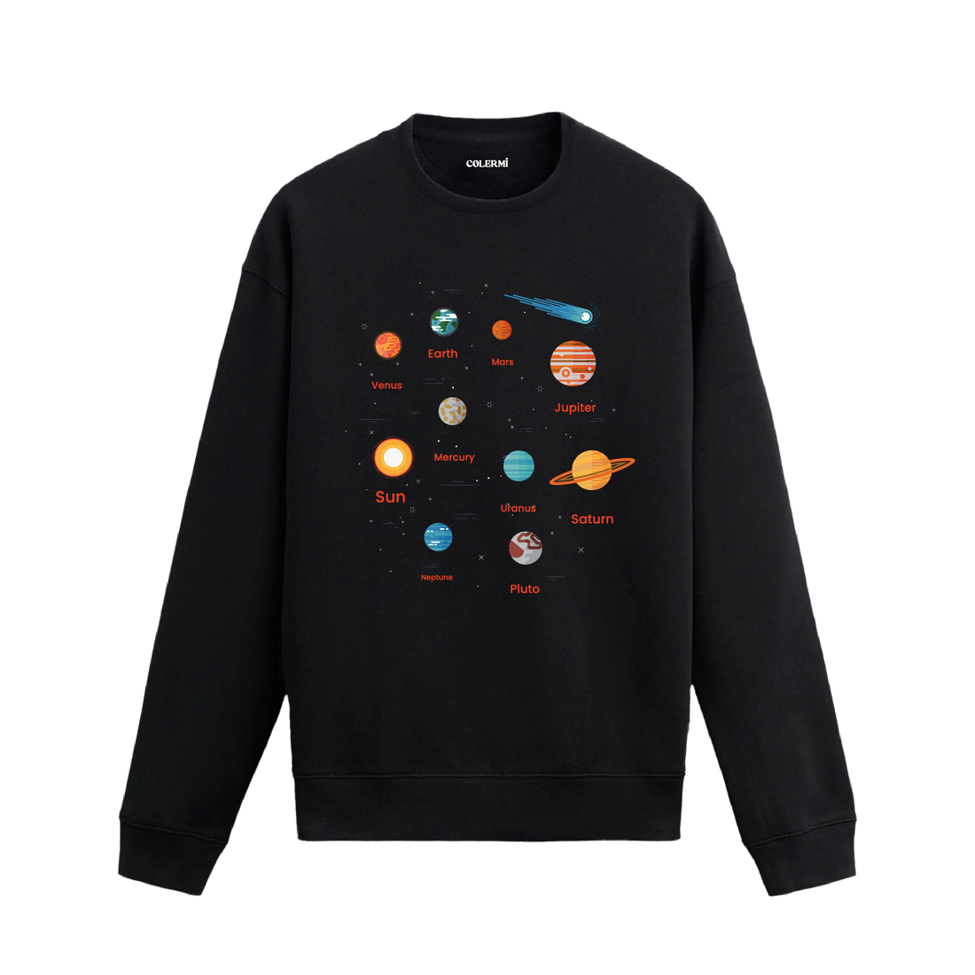 Güneş Sistemi gezegenleri ve isimleriyle tasarlanmış siyah sweatshirt, Colermi