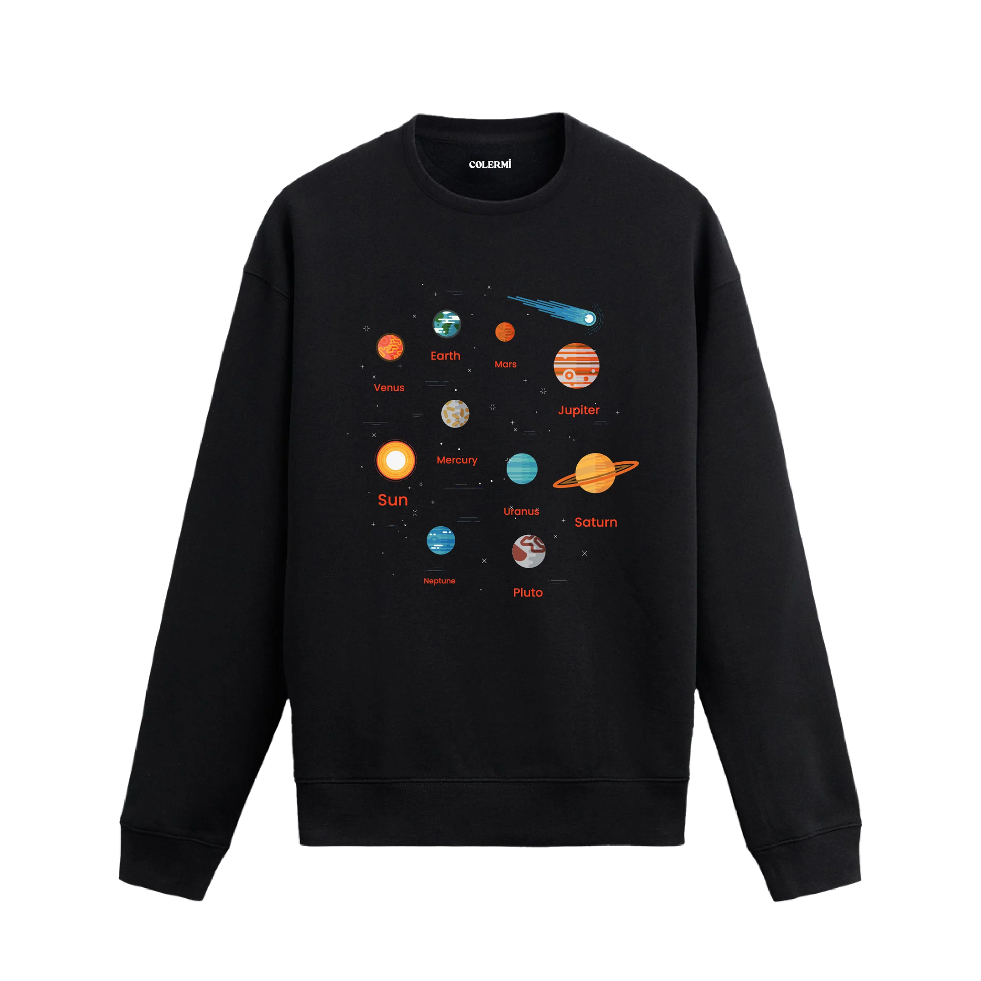 Güneş Sistemi gezegenleri ve isimleriyle tasarlanmış siyah sweatshirt, Colermi