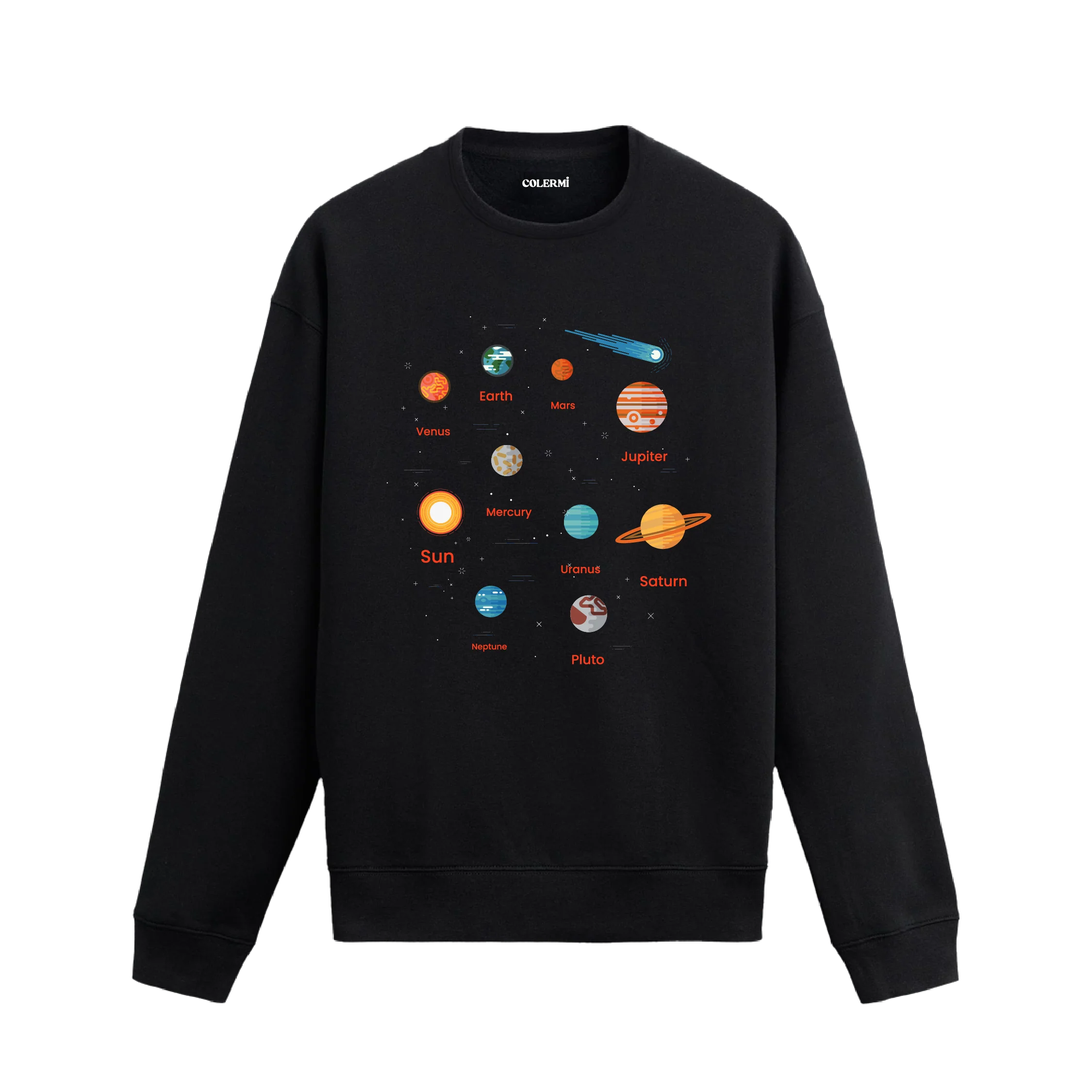 Güneş Sistemi gezegenleri ve isimleriyle tasarlanmış siyah sweatshirt, Colermi