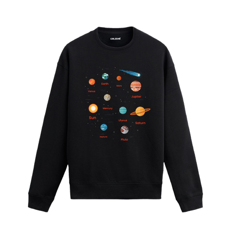 Güneş Sistemi gezegenleri ve isimleriyle tasarlanmış siyah sweatshirt, Colermi
