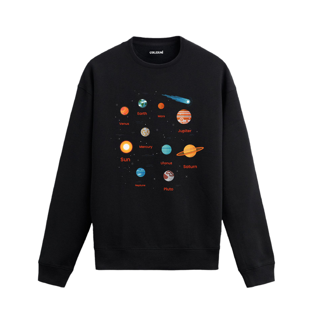 Güneş Sistemi gezegenleri ve isimleriyle tasarlanmış siyah sweatshirt, Colermi