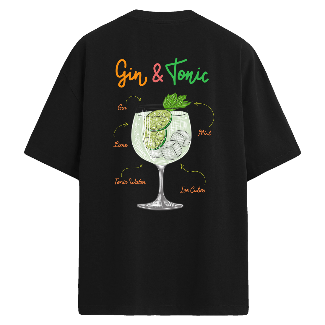 Gin & Tonic baskılı, lime ve nane detaylı sırt tasarımlı oversize tişört