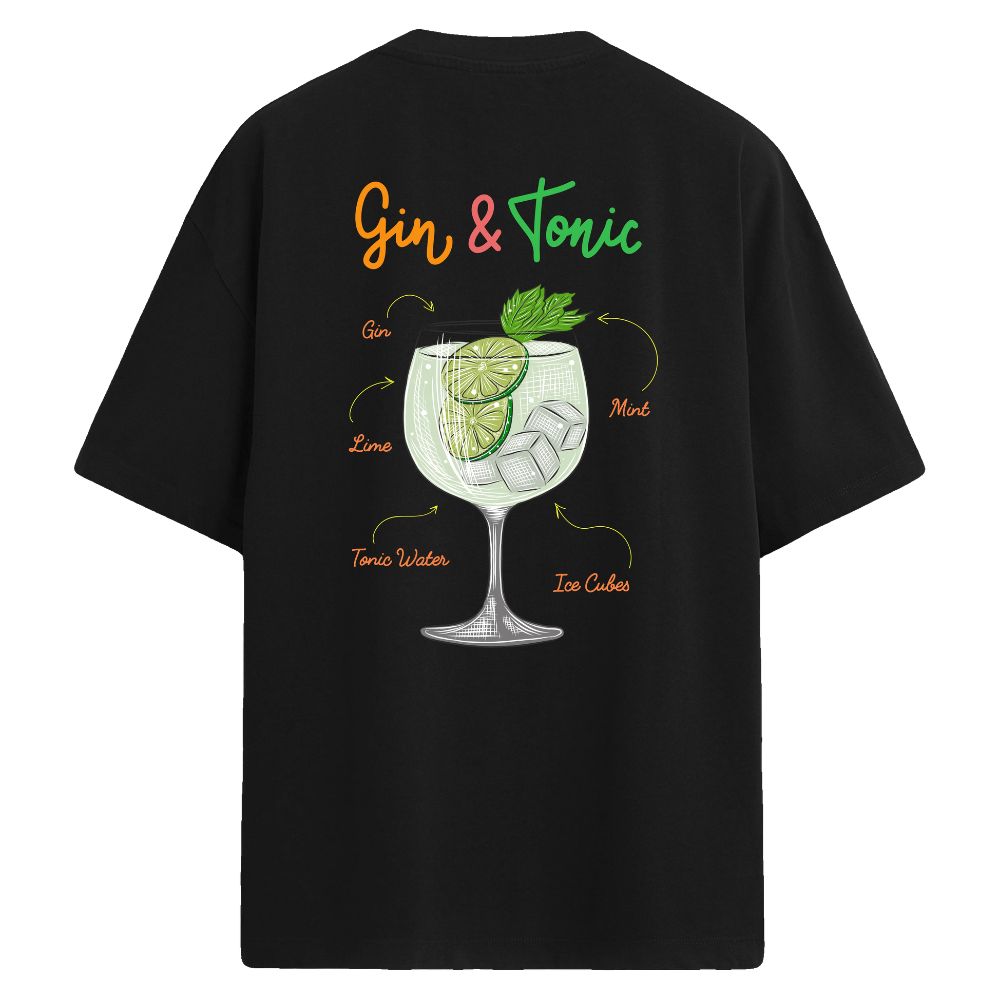 Gin & Tonic baskılı, lime ve nane detaylı sırt tasarımlı oversize tişört