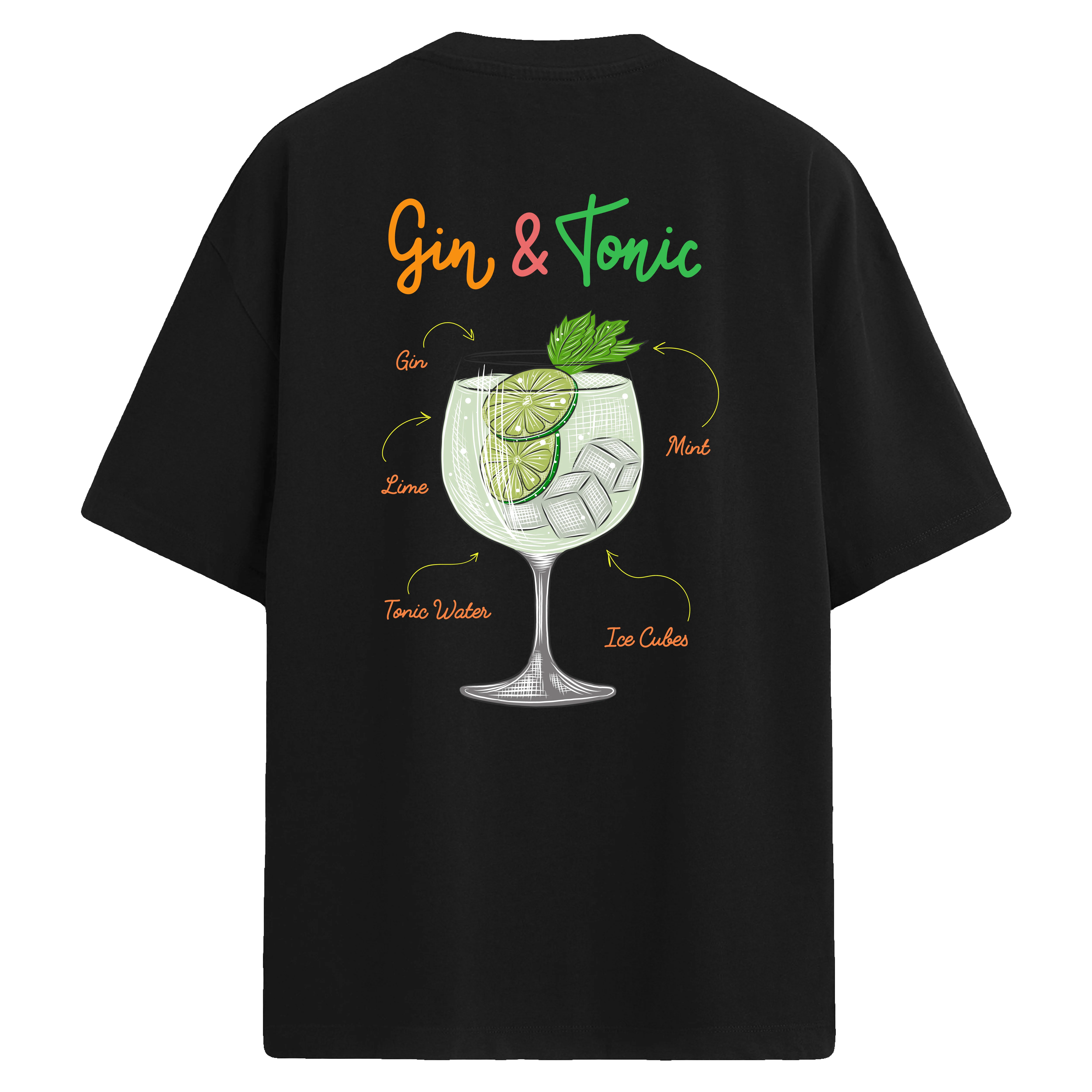 Gin & Tonic baskılı, lime ve nane detaylı sırt tasarımlı oversize tişört