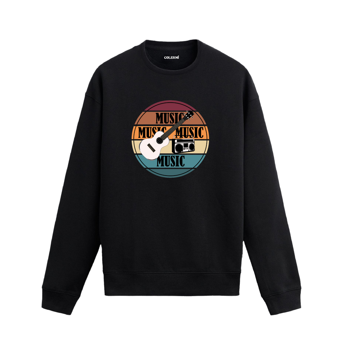 Retro gitar ve kasetçalar baskılı Colermi sweatshirt