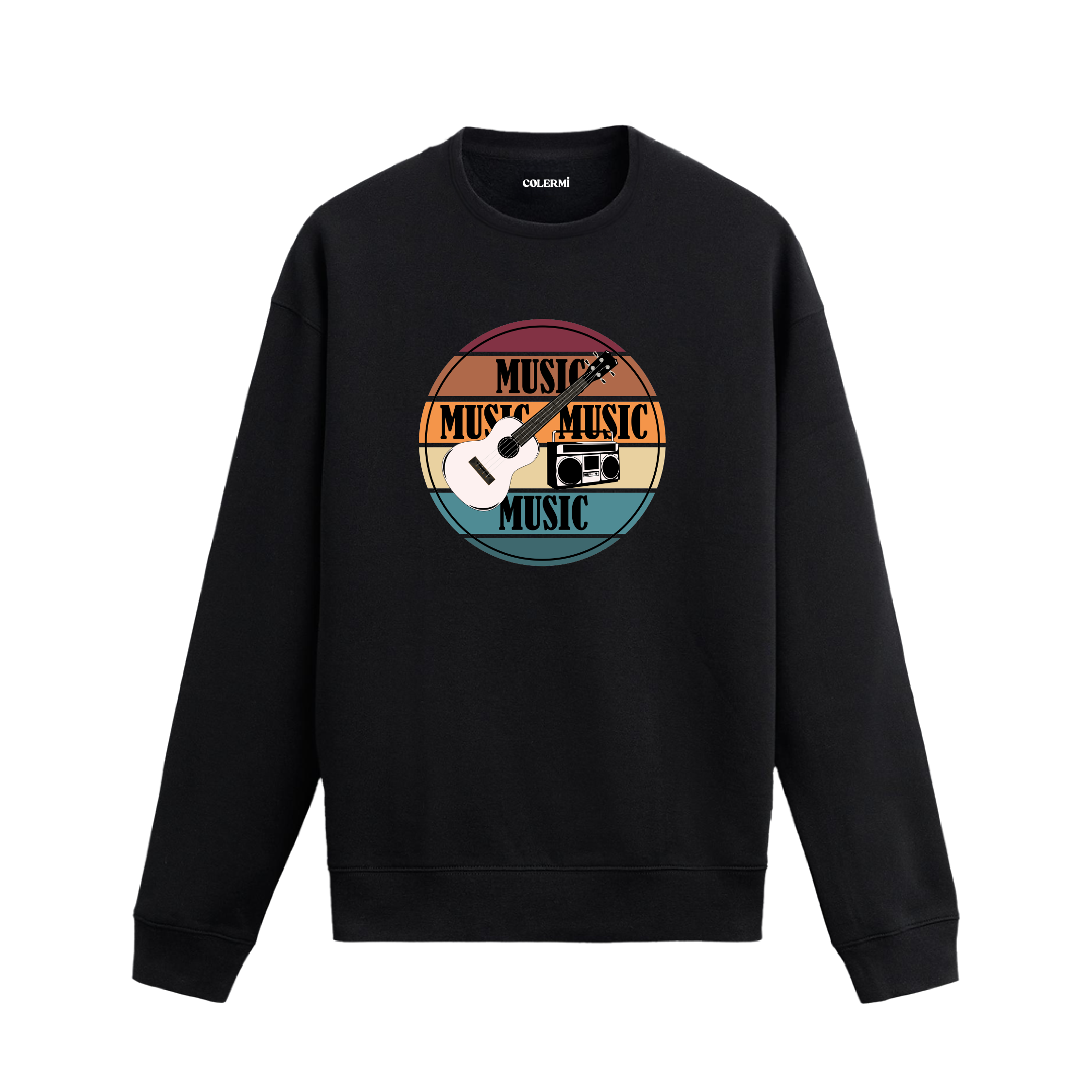 Retro gitar ve kasetçalar baskılı Colermi sweatshirt