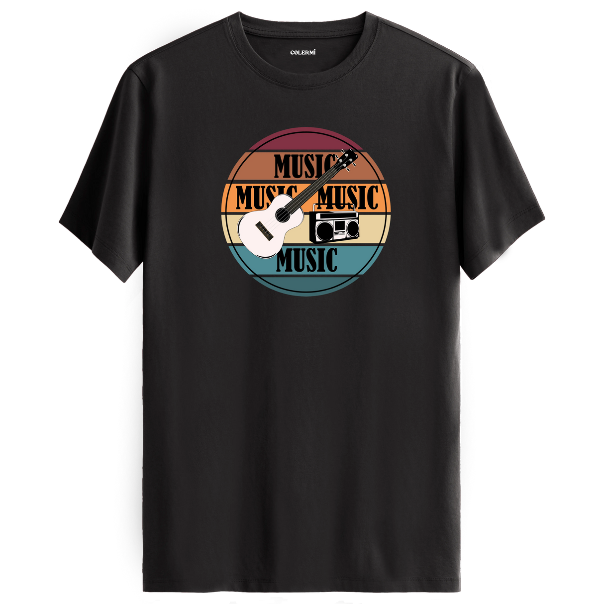 Gitar ve retro radyo figürlü, “MUSIC” yazılı renkli çizgili tişört tasarımı