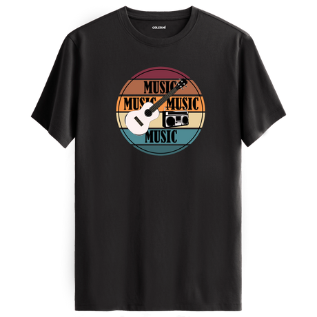 Gitar ve retro radyo figürlü, “MUSIC” yazılı renkli çizgili tişört tasarımı