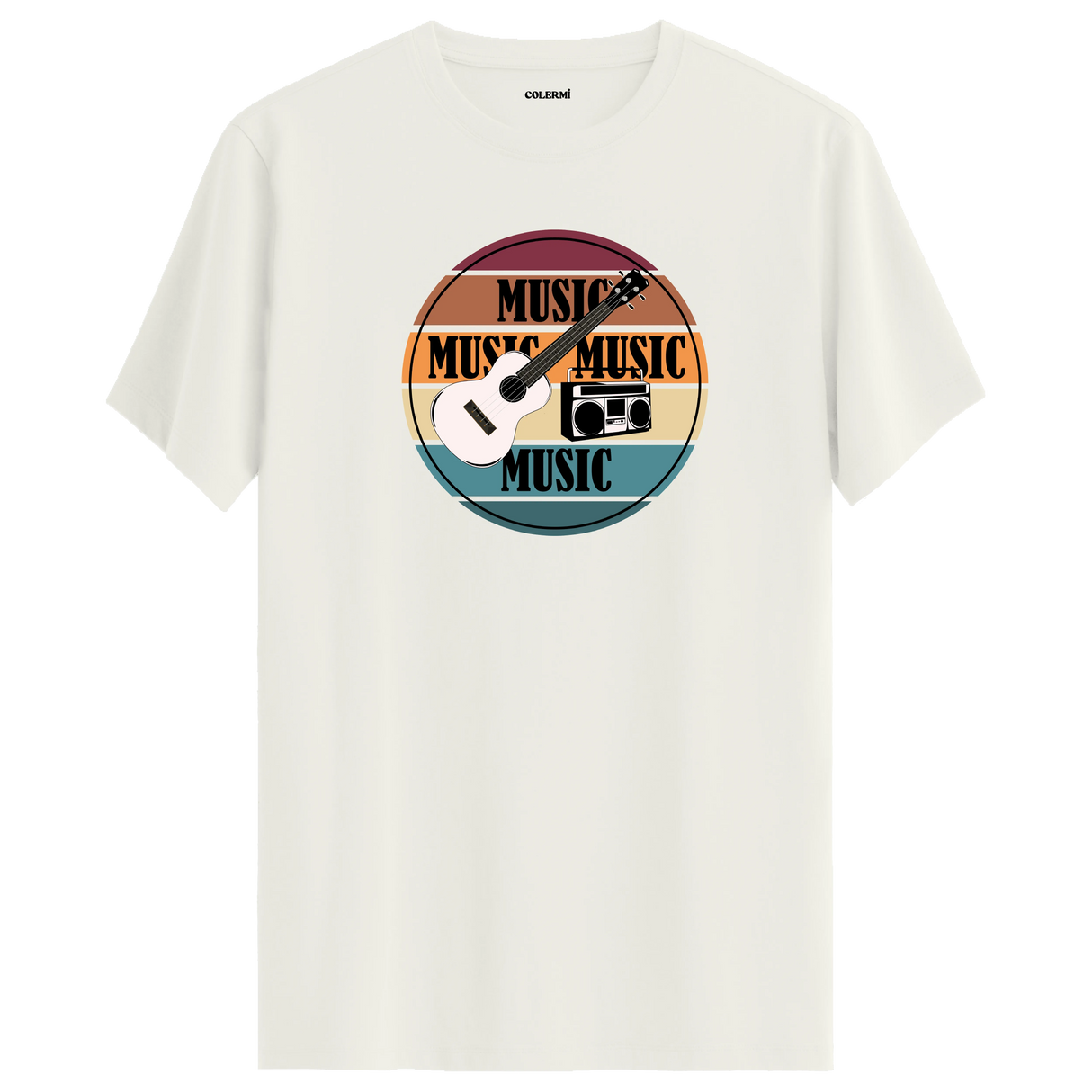 Gitar ve retro radyo figürlü, “MUSIC” yazılı renkli çizgili tişört tasarımı