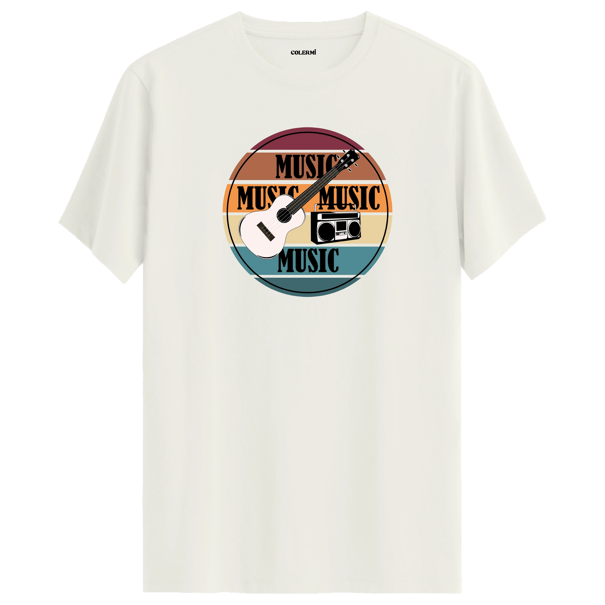 Gitar ve retro radyo figürlü, “MUSIC” yazılı renkli çizgili tişört tasarımı