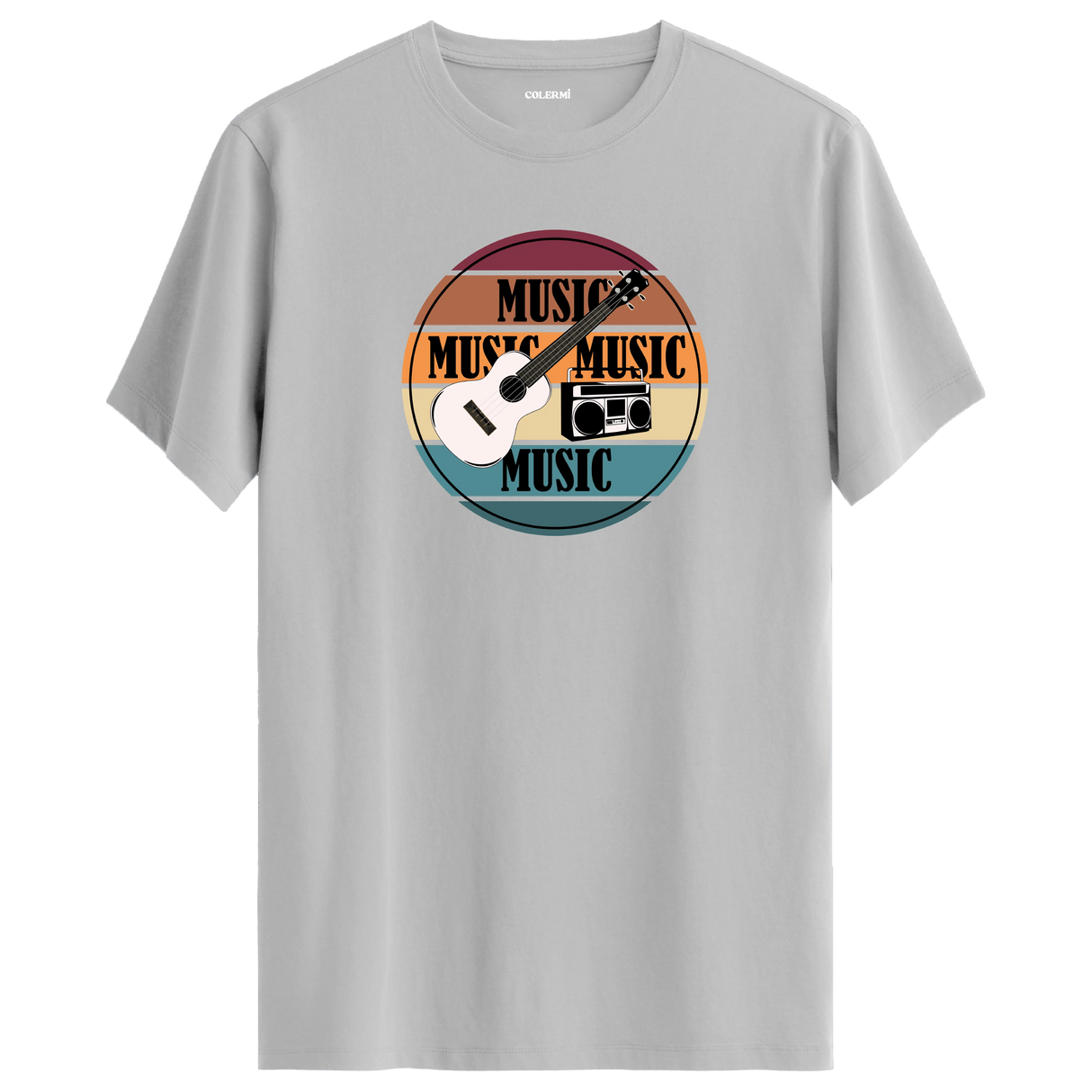 Gitar ve retro radyo figürlü, “MUSIC” yazılı renkli çizgili tişört tasarımı