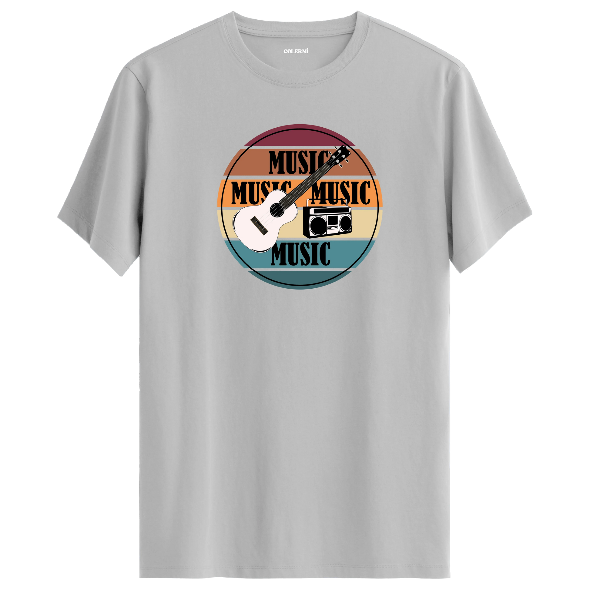 Gitar ve retro radyo figürlü, “MUSIC” yazılı renkli çizgili tişört tasarımı