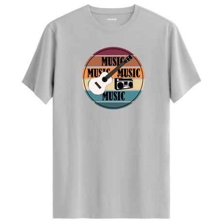 Gitar ve retro radyo figürlü, “MUSIC” yazılı renkli çizgili tişört tasarımı