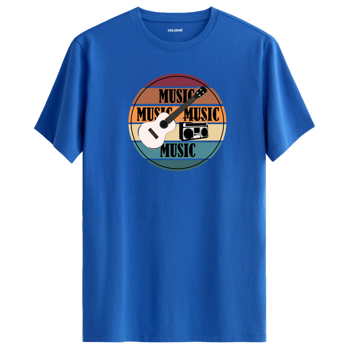 Gitar ve retro radyo figürlü, “MUSIC” yazılı renkli çizgili tişört tasarımı