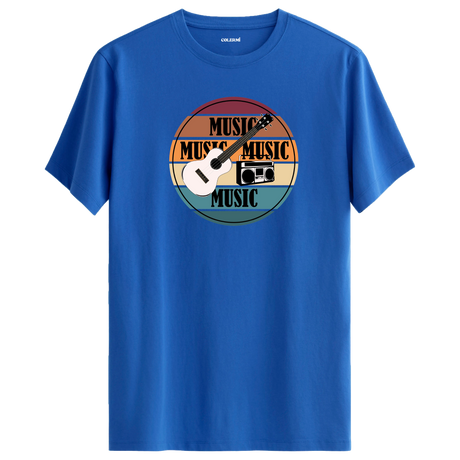 Gitar ve retro radyo figürlü, “MUSIC” yazılı renkli çizgili tişört tasarımı