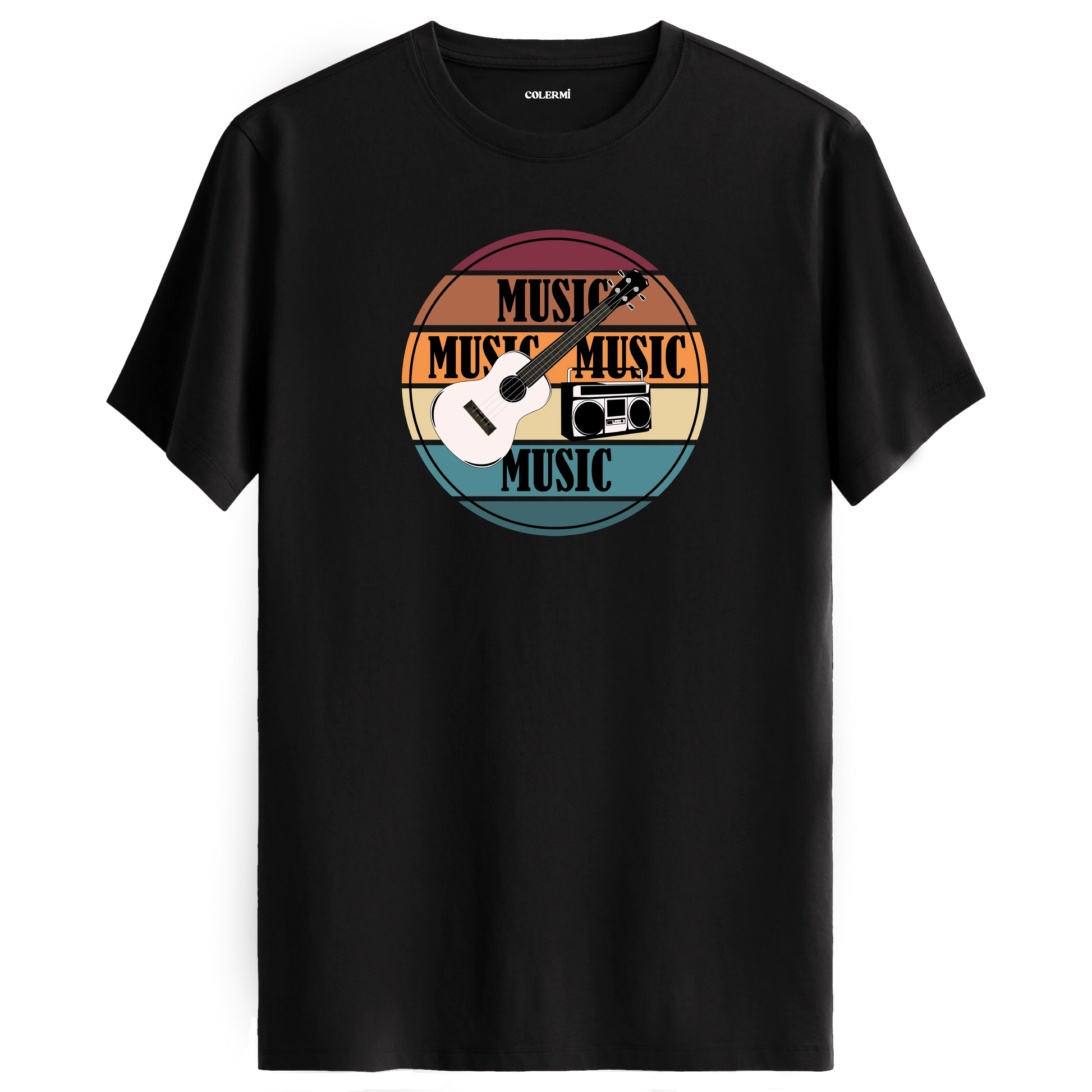 Gitar ve retro radyo figürlü, “MUSIC” yazılı renkli çizgili tişört tasarımı