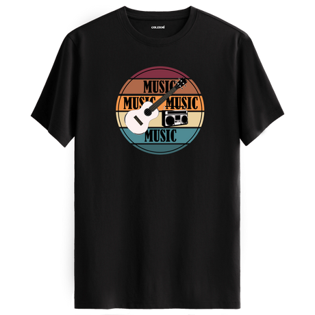 Gitar ve retro radyo figürlü, “MUSIC” yazılı renkli çizgili tişört tasarımı