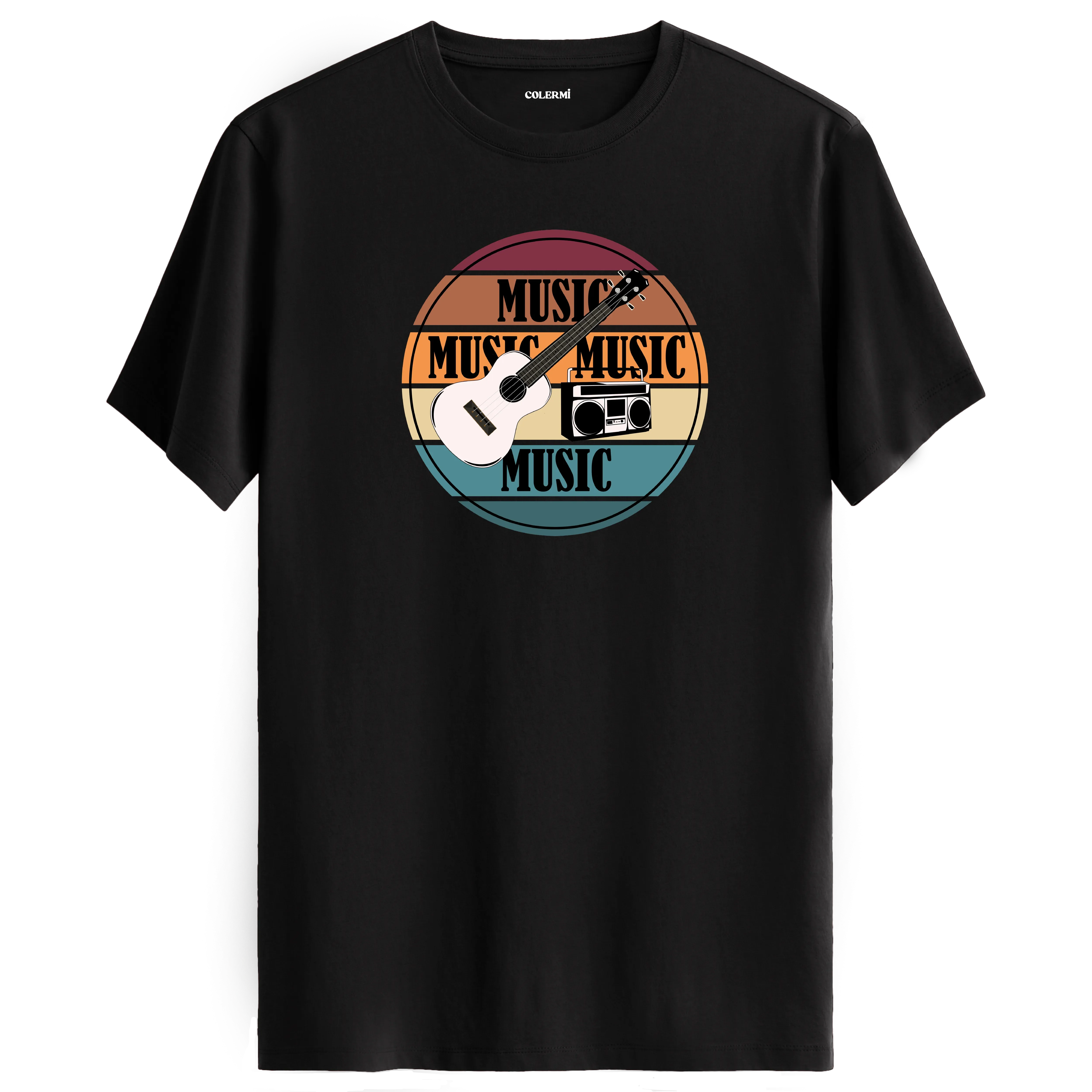 Gitar ve retro radyo figürlü, “MUSIC” yazılı renkli çizgili tişört tasarımı