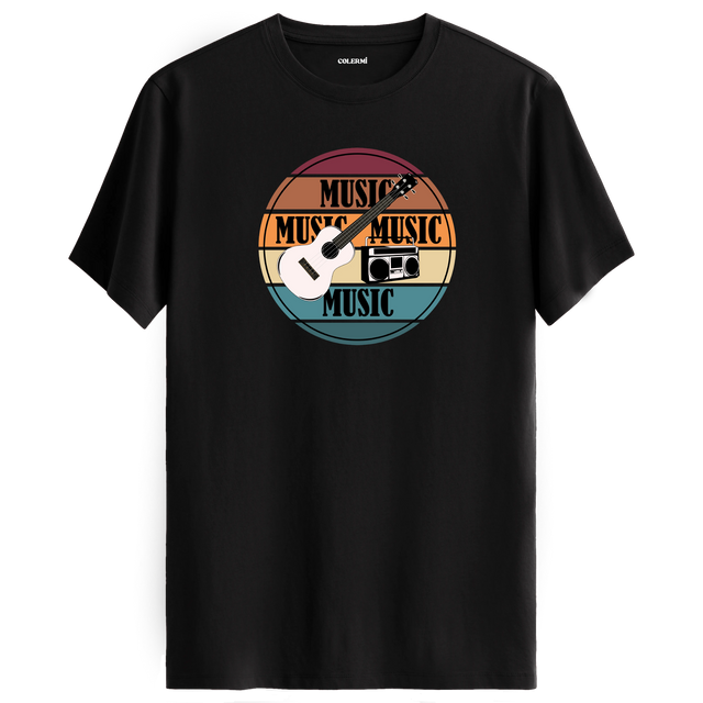 Gitar ve retro radyo figürlü, “MUSIC” yazılı renkli çizgili tişört tasarımı