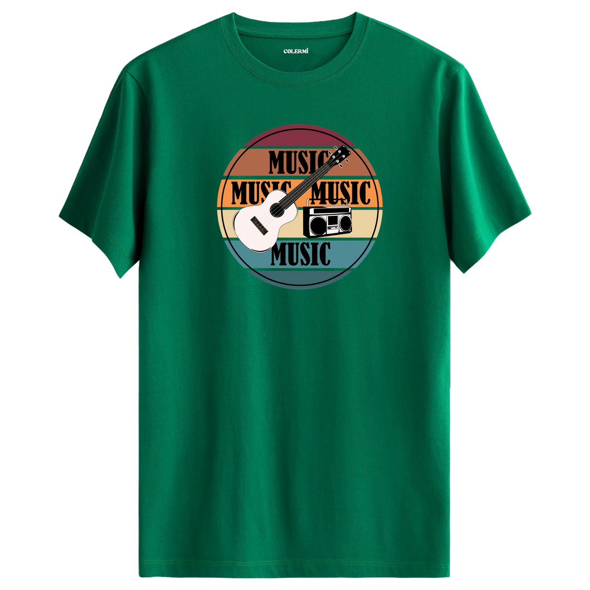 Gitar ve retro radyo figürlü, “MUSIC” yazılı renkli çizgili tişört tasarımı
