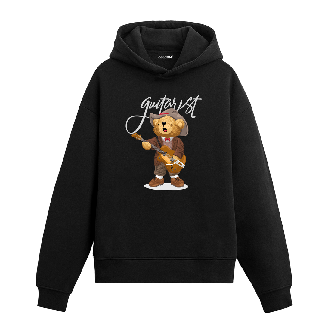Gitar çalan, şık kıyafetli gitarist ayıcık baskılı hoodie tasarımı.