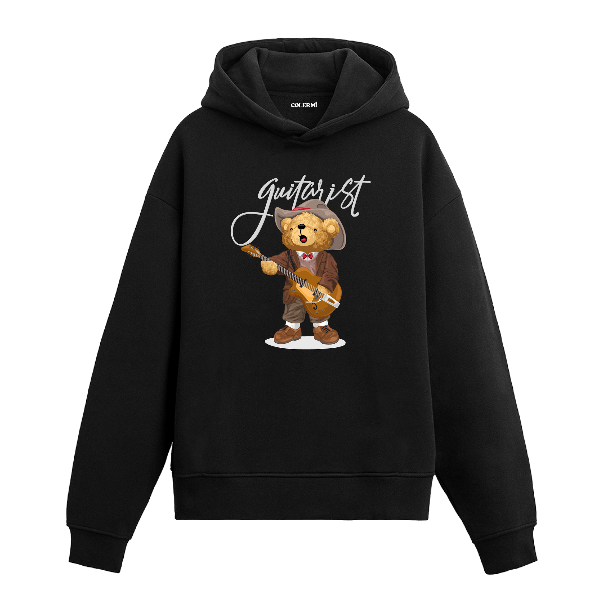 Gitar çalan, şık kıyafetli gitarist ayıcık baskılı hoodie tasarımı.