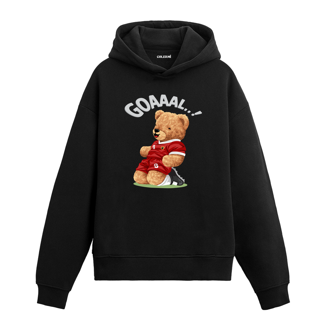 Gol attıktan sonra sevinçle kayarak kutlama yapan futbolcu ayıcık figürlü hoodie tasarımı.