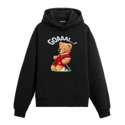 Gol attıktan sonra sevinçle kayarak kutlama yapan futbolcu ayıcık figürlü hoodie tasarımı.