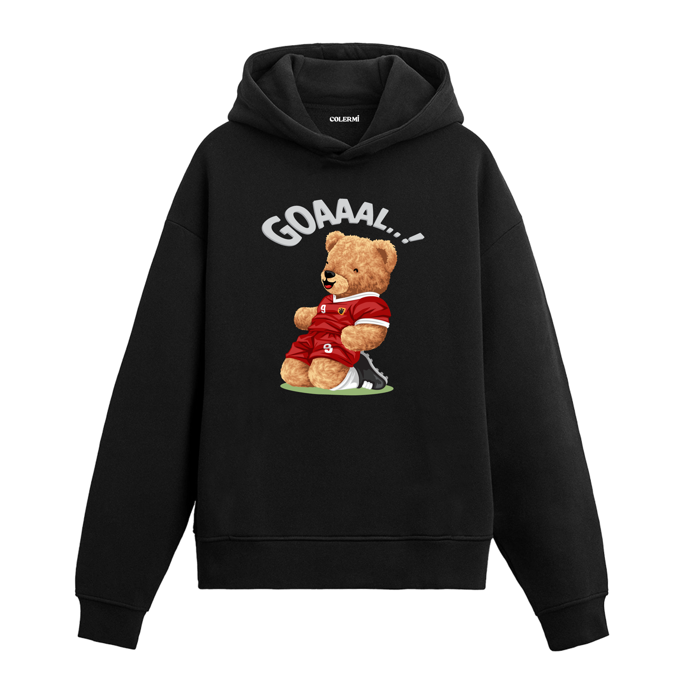 Gol attıktan sonra sevinçle kayarak kutlama yapan futbolcu ayıcık figürlü hoodie tasarımı.