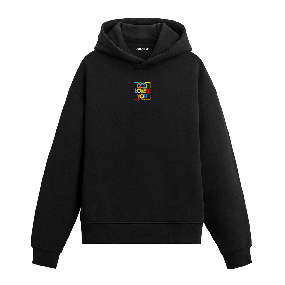 Siyah hoodie, renkli God Loves You yazılı minimal baskı, pamuklu modern hoodie