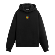 Siyah hoodie, renkli God Loves You yazılı minimal baskı, pamuklu modern hoodie