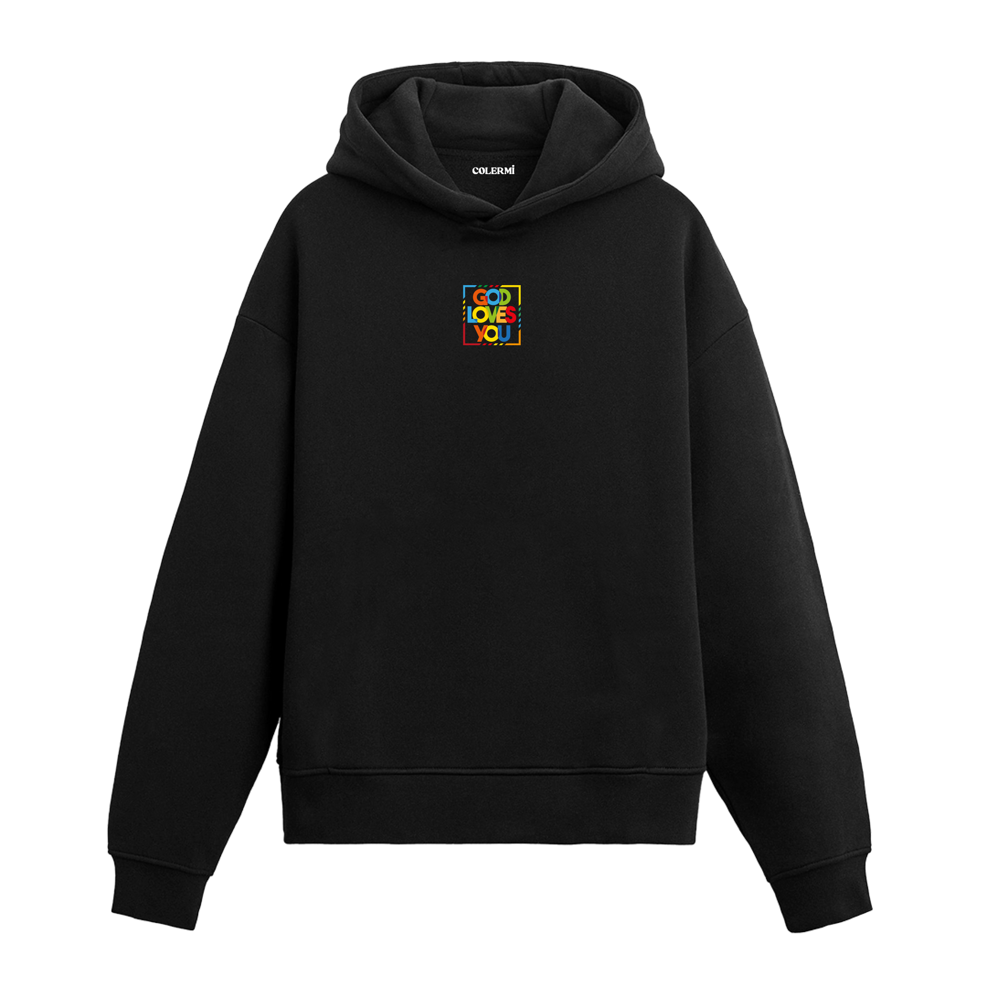 Siyah hoodie, renkli God Loves You yazılı minimal baskı, pamuklu modern hoodie