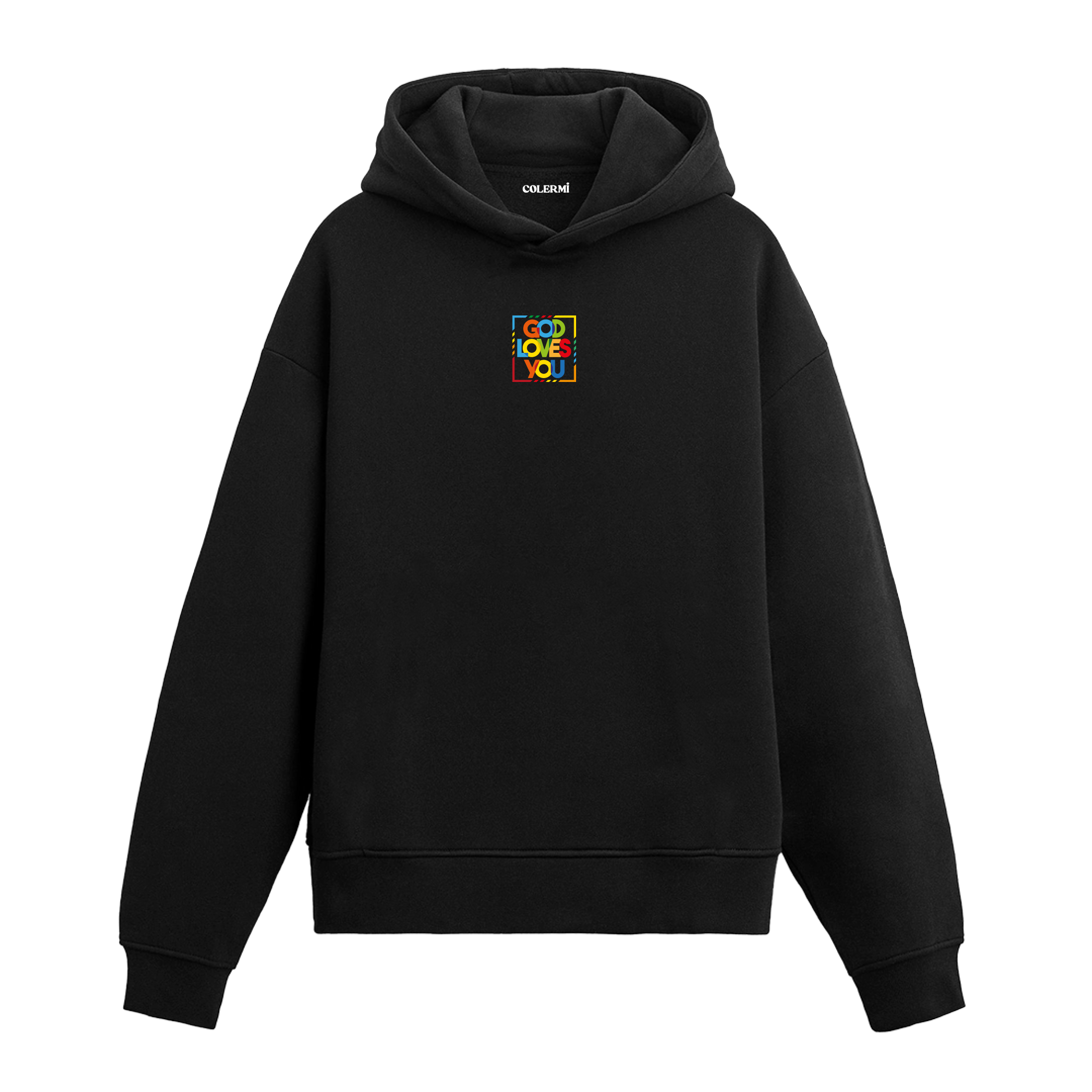 Siyah hoodie, renkli God Loves You yazılı minimal baskı, pamuklu modern hoodie