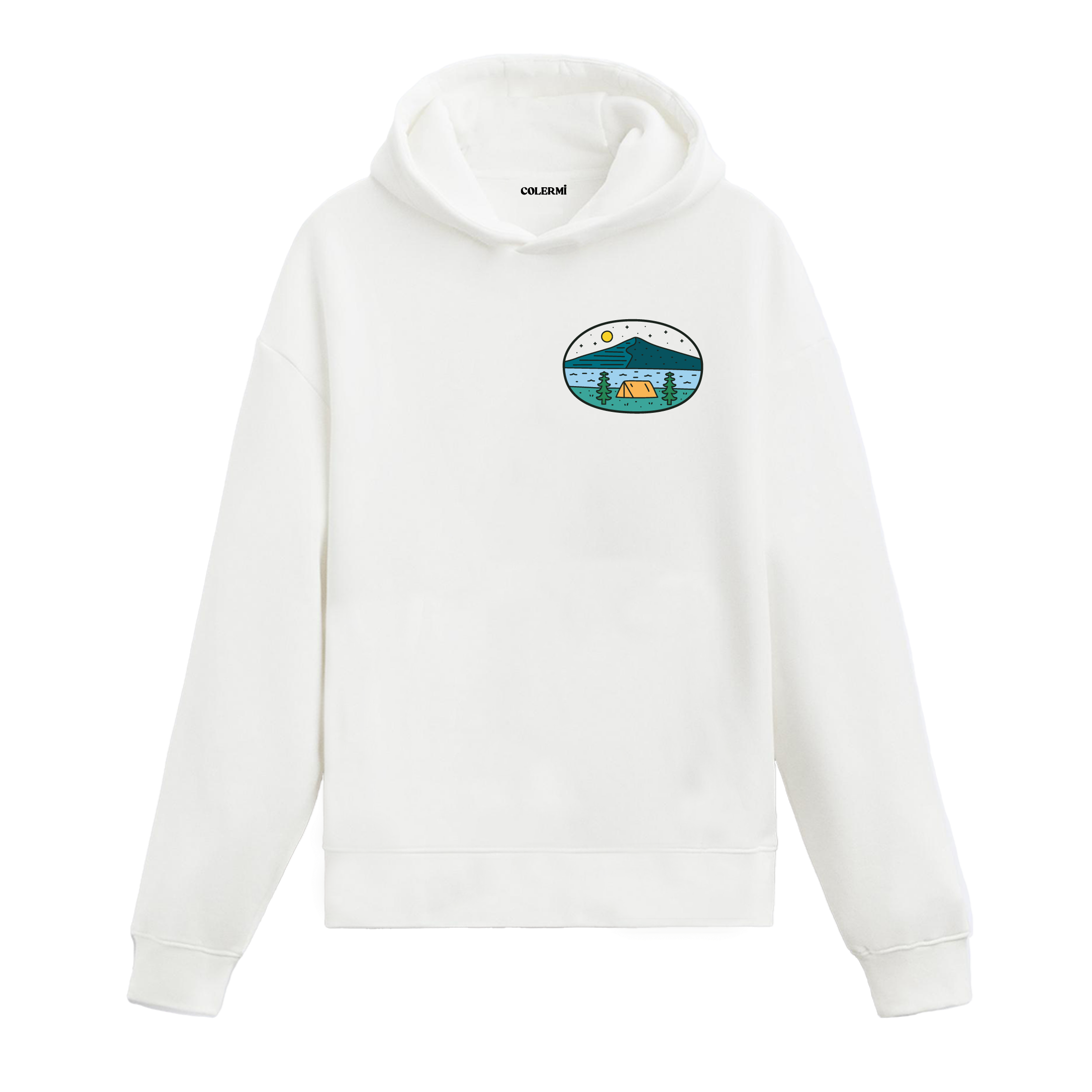 Beyaz hoodie üzerinde göl manzaralı kamp çadırı tasarımı