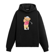 Golf sopasıyla poz veren sporcu ayıcık baskılı hoodie tasarımı.