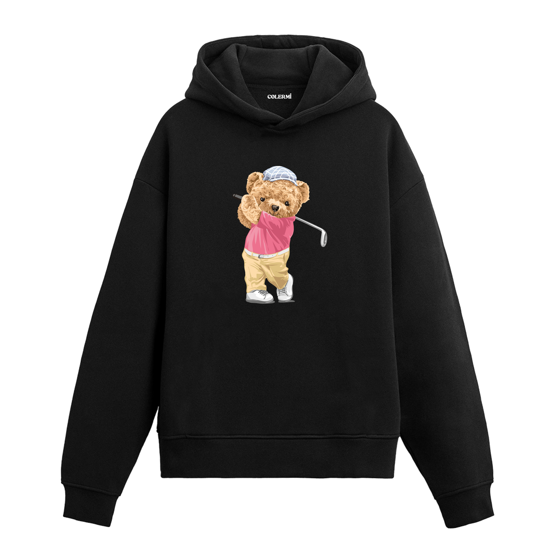 Golf sopasıyla poz veren sporcu ayıcık baskılı hoodie tasarımı.