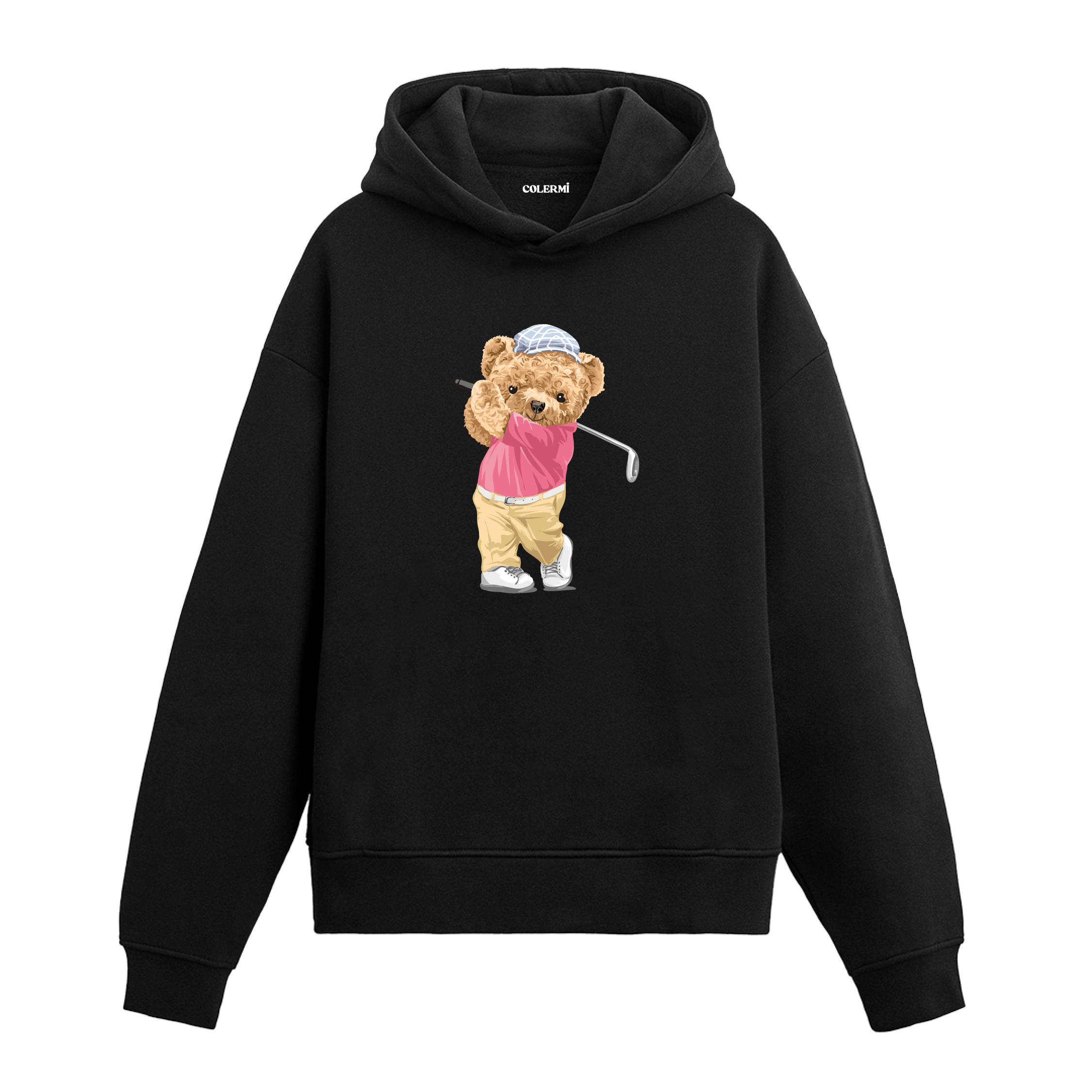 Golf sopasıyla poz veren sporcu ayıcık baskılı hoodie tasarımı.