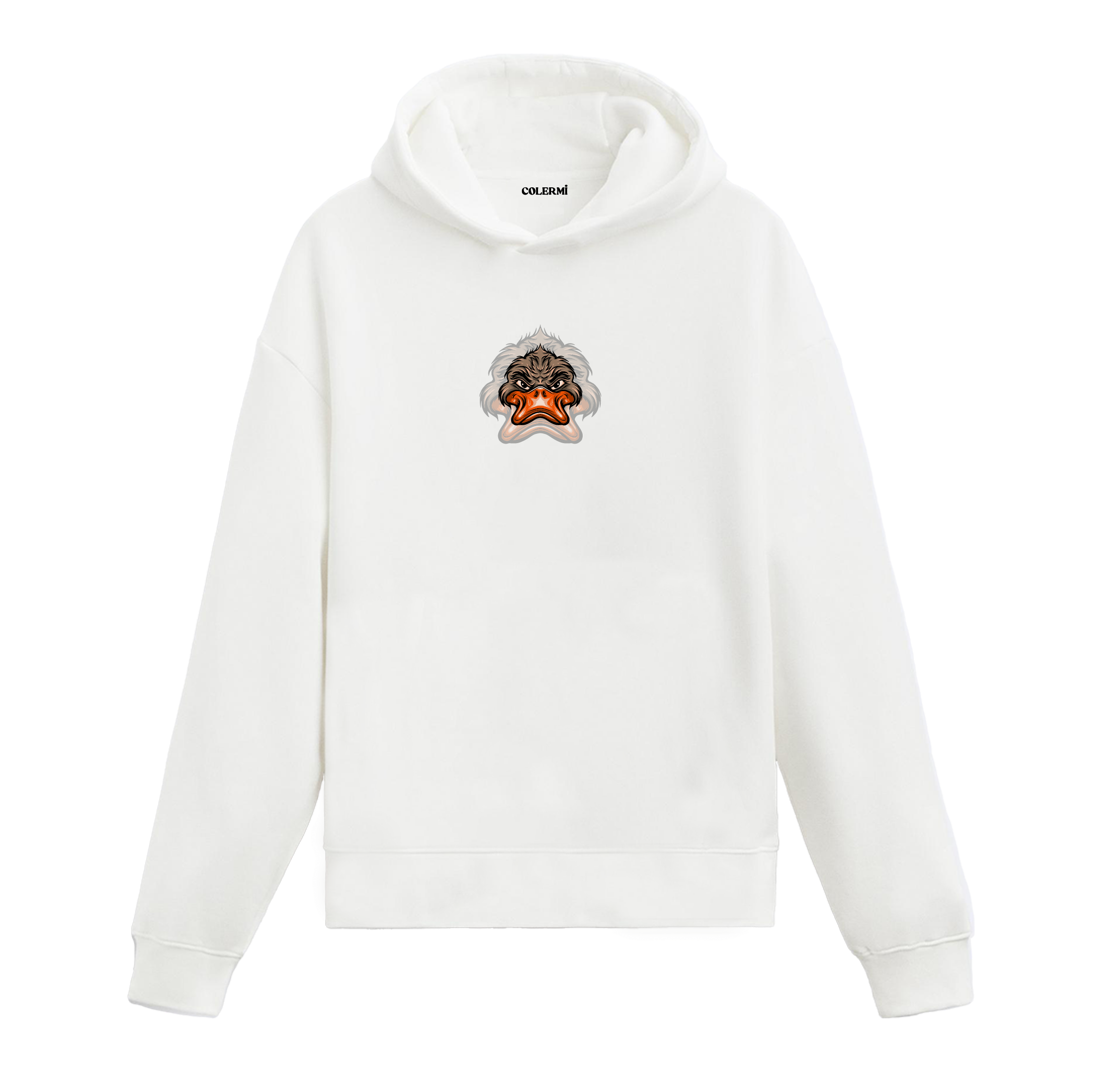 Beyaz hoodie, gotik detaylı ördek baskısı, pamuklu unisex hoodie