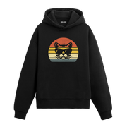 Retro günbatımı dairesinde güneş gözlüklü kedi baskılı siyah hoodie