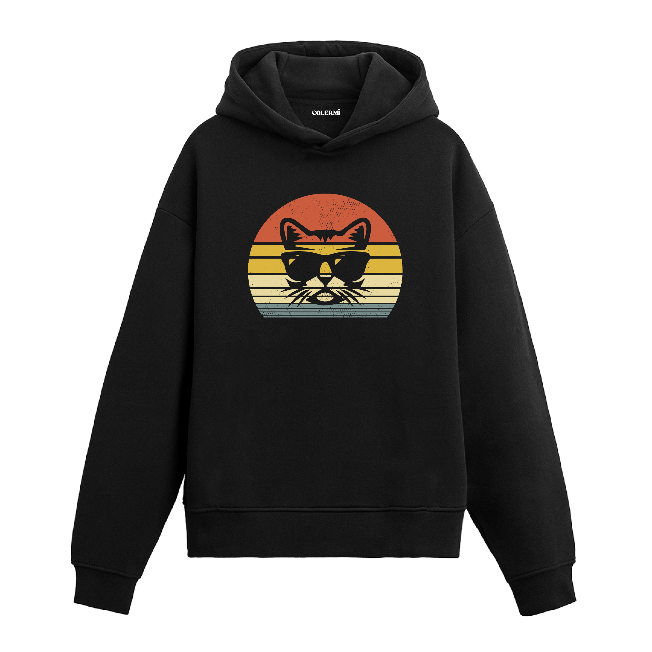 Retro günbatımı dairesinde güneş gözlüklü kedi baskılı siyah hoodie