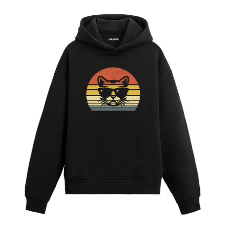 Retro günbatımı dairesinde güneş gözlüklü kedi baskılı siyah hoodie