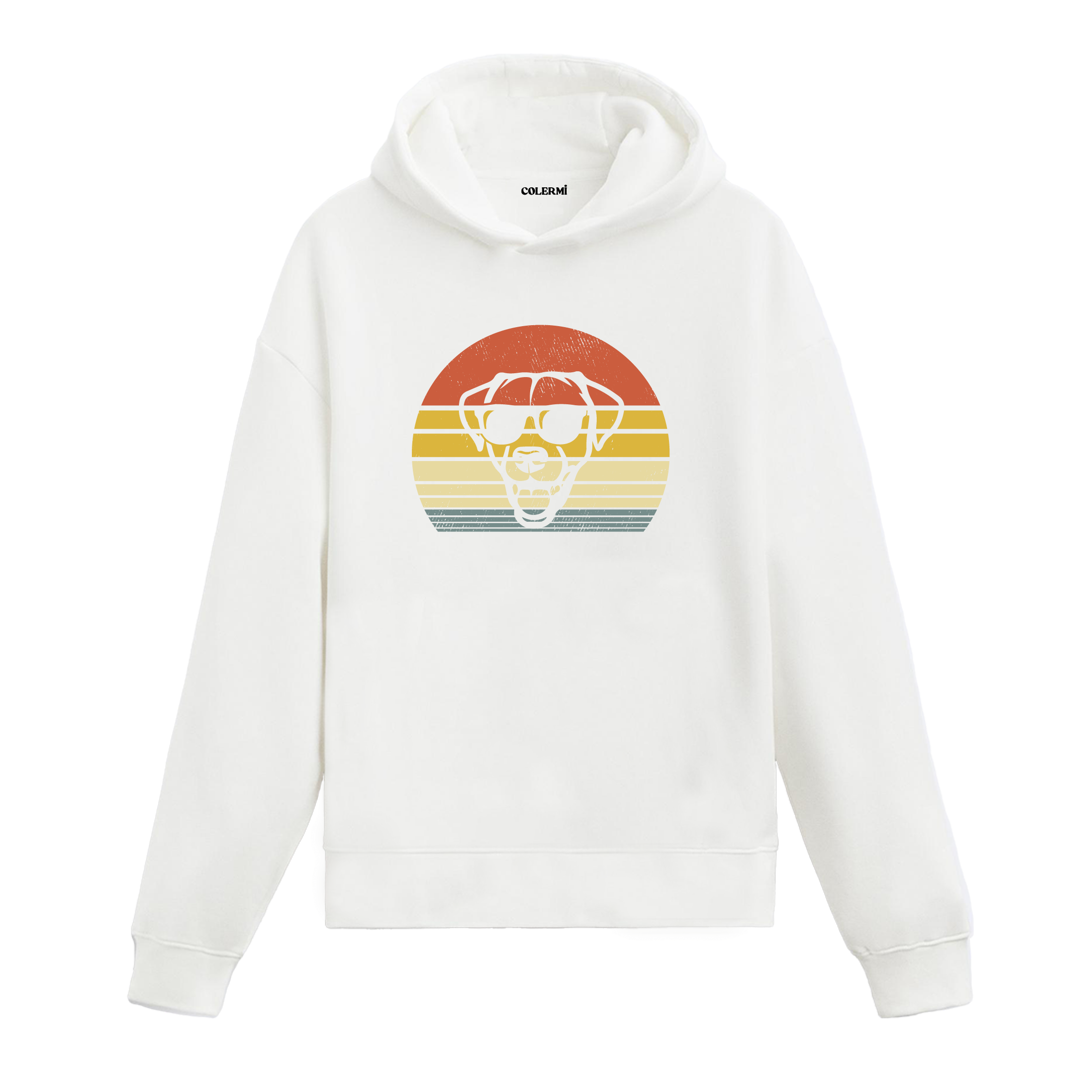 Retro günbatımı dairesinde güneş gözlüklü köpek baskılı beyaz hoodie