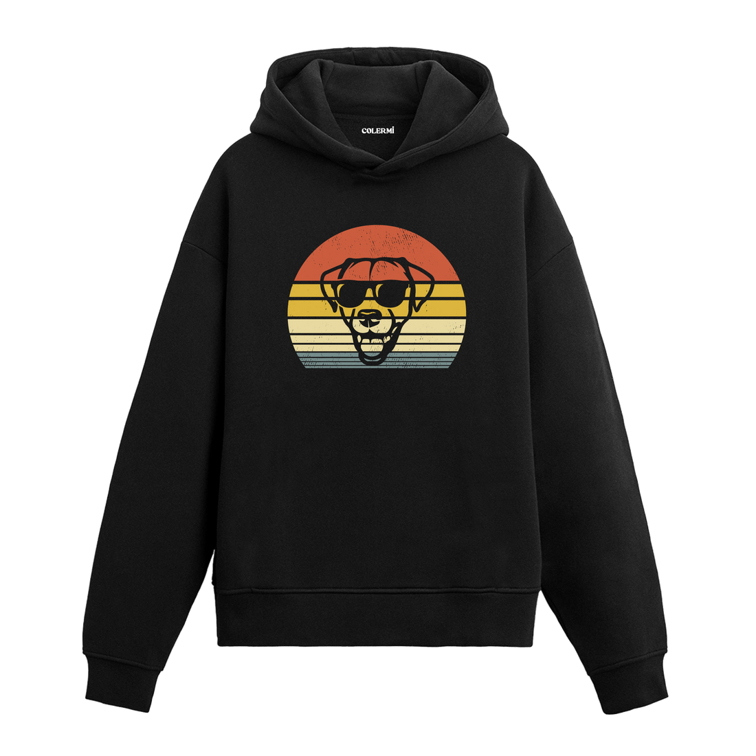 Retro günbatımı dairesinde güneş gözlüklü köpek baskılı siyah hoodie